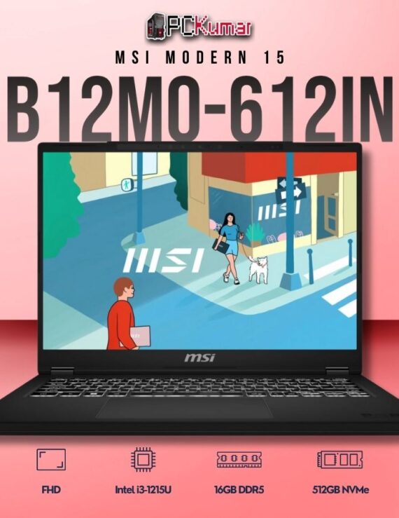 MSI Modern 15 B12MO-612IN laptop featuring i3-1215U, UMA, 16GB RAM, 512GB storage, and a 15.6-inch FHD display.