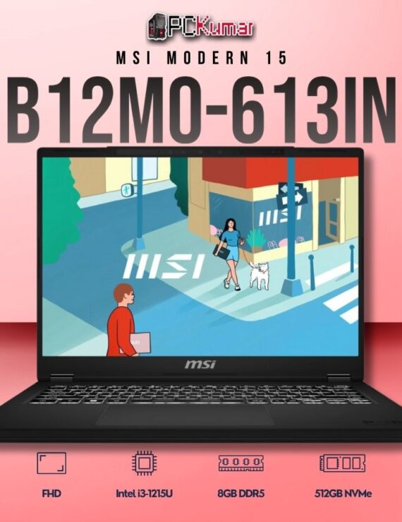 MSI Modern 15 B12MO-613IN laptop featuring i3-1215U, UMA, 8GB RAM, 512GB storage, and a 15.6-inch FHD display.