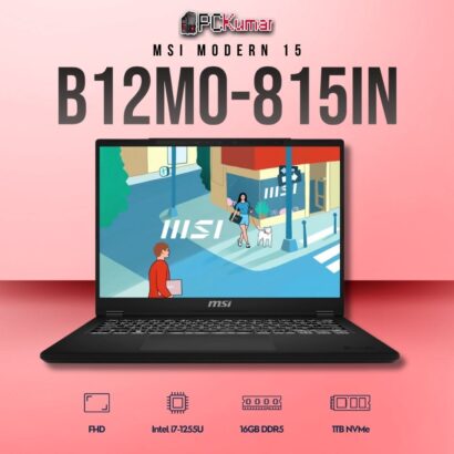 MSI Modern 15 B12MO-816IN laptop with i7-1255U, UMA, 16GB RAM, 512GB storage, and a 15.6-inch FHD display.
