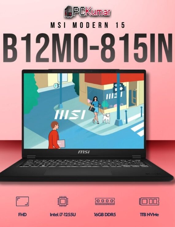 MSI Modern 15 B12MO-816IN laptop with i7-1255U, UMA, 16GB RAM, 512GB storage, and a 15.6-inch FHD display.