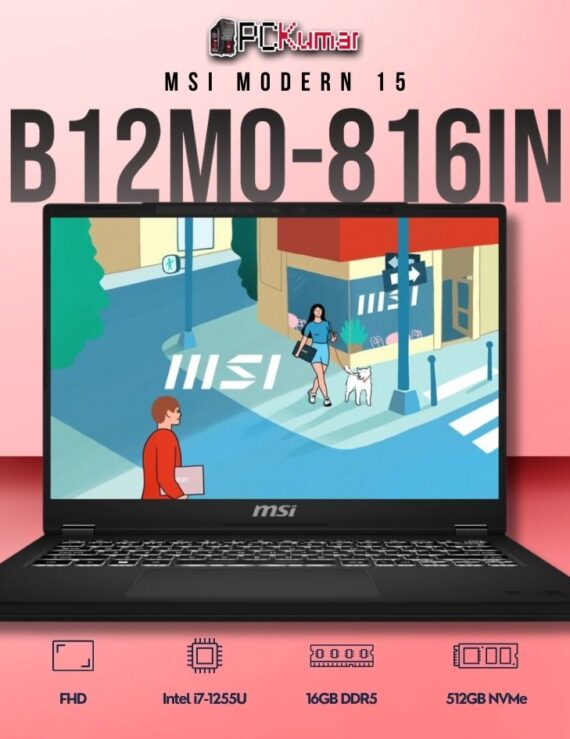 MSI Modern 15 B12MO-816IN laptop with i7-1255U, UMA, 16GB RAM, 512GB storage, and a 15.6-inch FHD display.