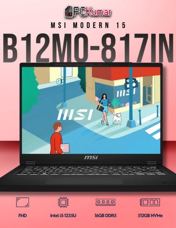 MSI Modern 15 B12MO-817IN laptop featuring i5-1235U, UMA, 16GB RAM, 512GB storage, and a 15.6-inch FHD display.