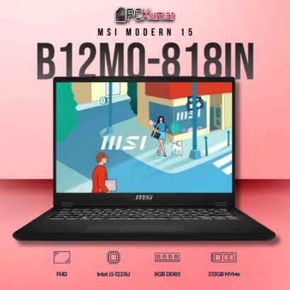 MSI Modern 15 B12MO-818IN laptop featuring i5-1235U, UMA, 8GB RAM, 512GB storage, and a 15.6-inch FHD display.