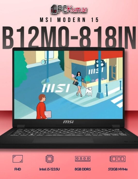 MSI Modern 15 B12MO-818IN laptop featuring i5-1235U, UMA, 8GB RAM, 512GB storage, and a 15.6-inch FHD display.