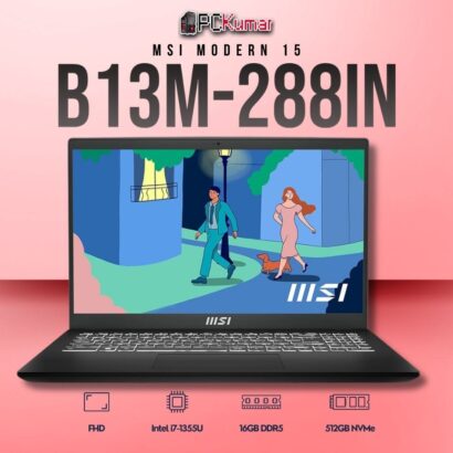 MSI Modern 15 B13M-288IN laptop featuring i7-1355U, UMA, 16GB RAM, 512GB storage, and a 15.6-inch FHD display.