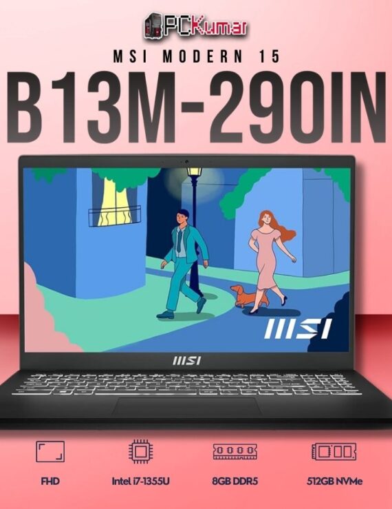 MSI Modern 15 B13M-290IN laptop featuring i7-1355U, UMA, 8GB RAM, 512GB storage, and a 15.6-inch FHD display.