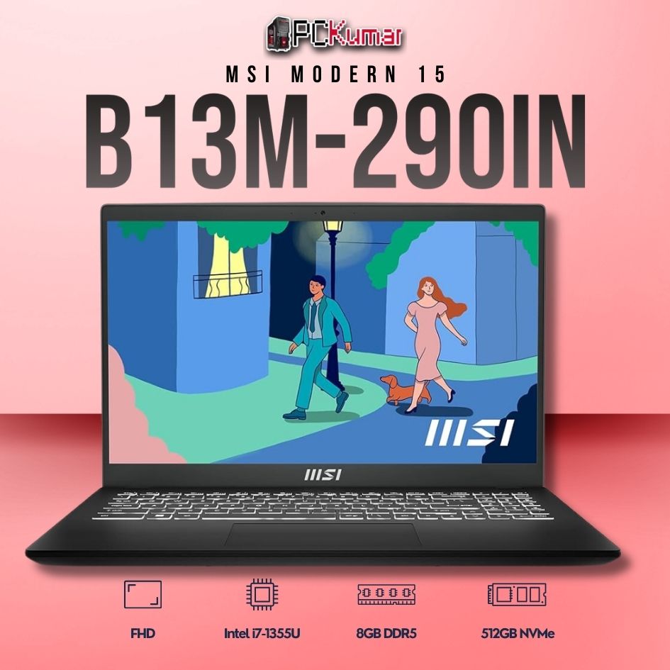 MSI Modern 15 B13M-290IN laptop featuring i7-1355U, UMA, 8GB RAM, 512GB storage, and a 15.6-inch FHD display.