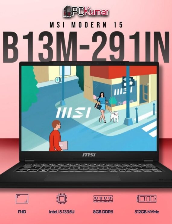 MSI Modern 15 B13M-291IN laptop featuring i5-1335U, UMA, 8GB RAM, 512GB storage, and a 15.6-inch FHD display.