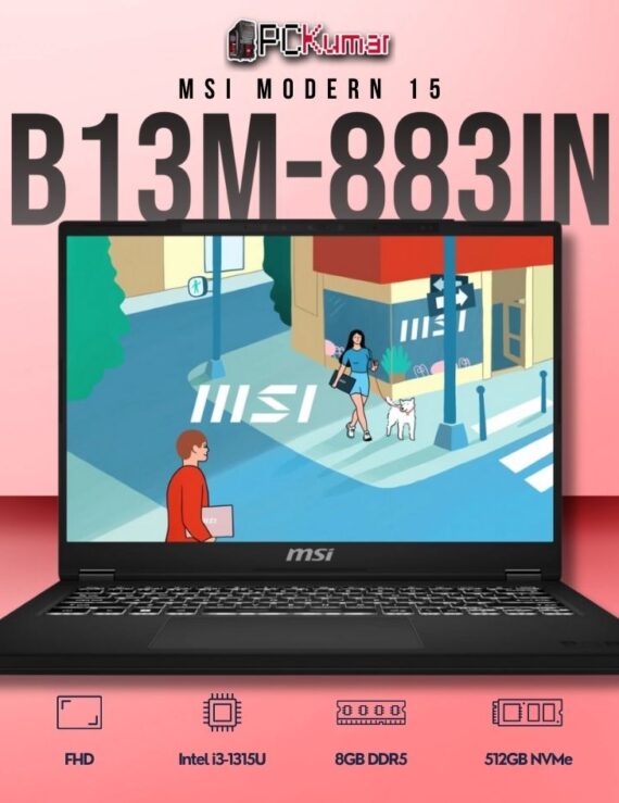 MSI Modern 15 B13M-883IN laptop with i3-1315U, UMA, 8GB RAM, 512GB storage, and a 15.6-inch FHD display.