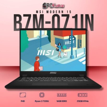 MSI Modern 15 B7M-071IN laptop featuring Ryzen 5 7530U, UMA, 16GB RAM, 512GB storage, and a 15.6-inch FHD display.