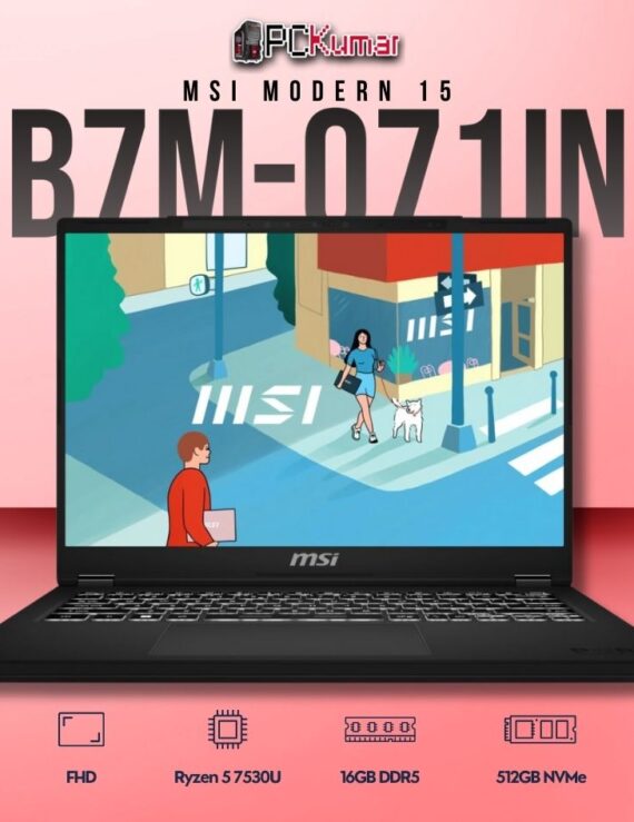 MSI Modern 15 B7M-071IN laptop featuring Ryzen 5 7530U, UMA, 16GB RAM, 512GB storage, and a 15.6-inch FHD display.
