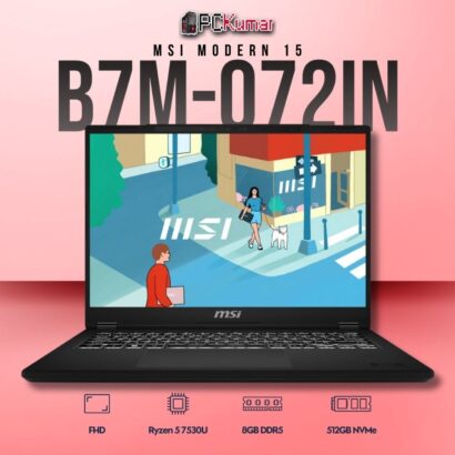 MSI Modern 15 B7M-072IN laptop with Ryzen 5 7530U, UMA, 8GB RAM, 512GB storage, and a 15.6-inch FHD display.