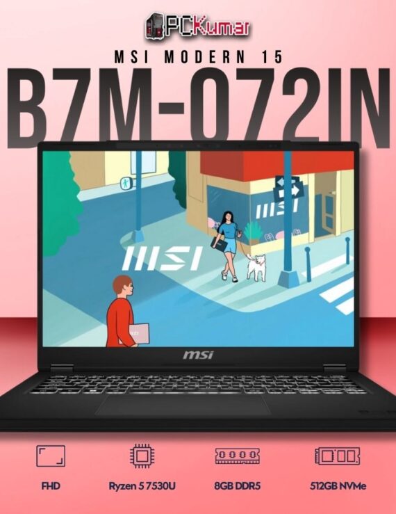 MSI Modern 15 B7M-072IN laptop with Ryzen 5 7530U, UMA, 8GB RAM, 512GB storage, and a 15.6-inch FHD display.