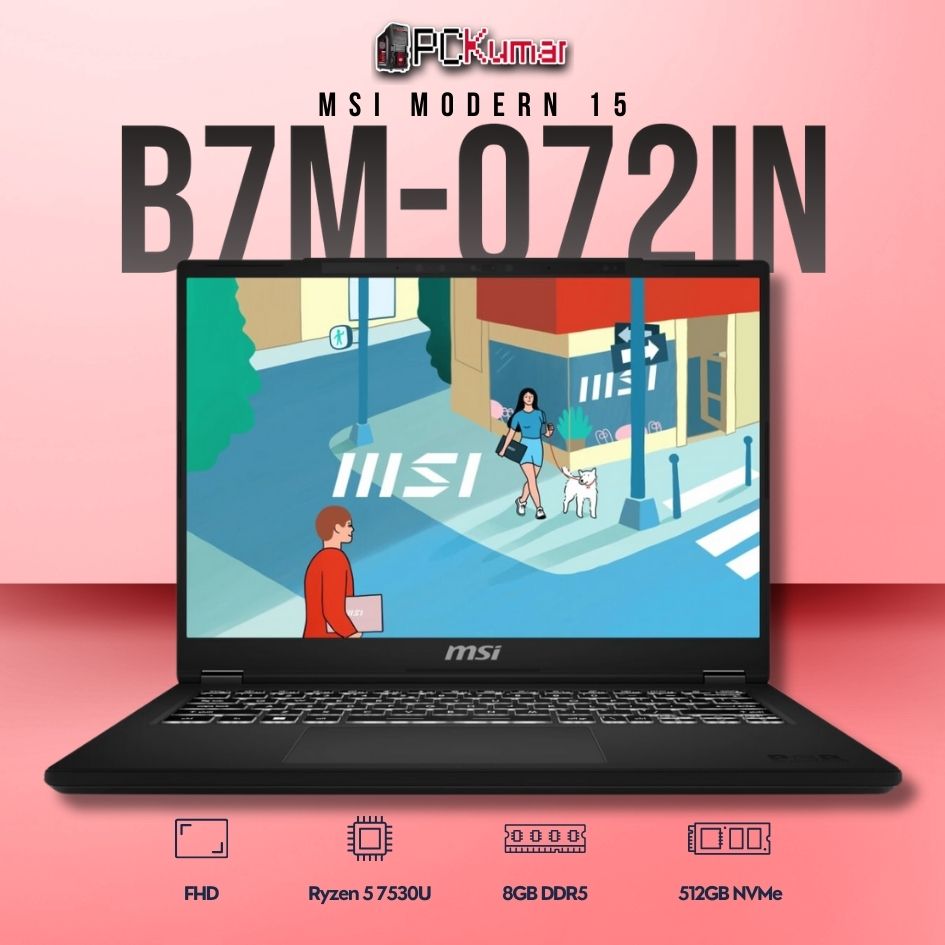 MSI Modern 15 B7M-072IN laptop with Ryzen 5 7530U, UMA, 8GB RAM, 512GB storage, and a 15.6-inch FHD display.