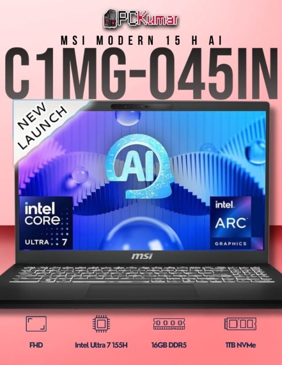 MSI Modern 15 C1MG-045IN laptop with Core 7 155H, UMA, 16GB RAM, 1TB storage, and a 15.6-inch FHD display.