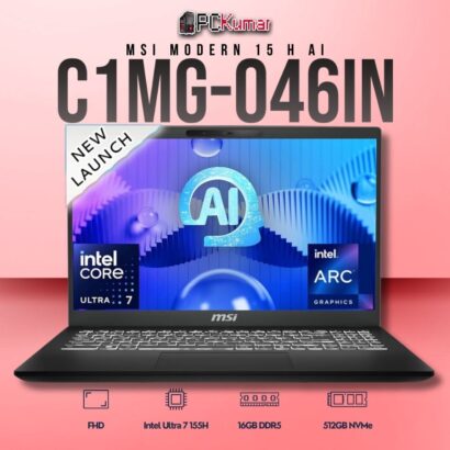 MSI Modern 15 C1MG-046IN laptop with Core 7 155H, UMA, 16GB RAM, 512GB storage, and a 15.6-inch FHD display.