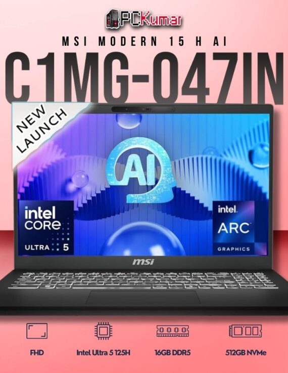 MSI Modern 15 C1MG-047IN laptop with Core 5 125H, UMA, 16GB RAM, 512GB storage, and a 15.6-inch FHD display.