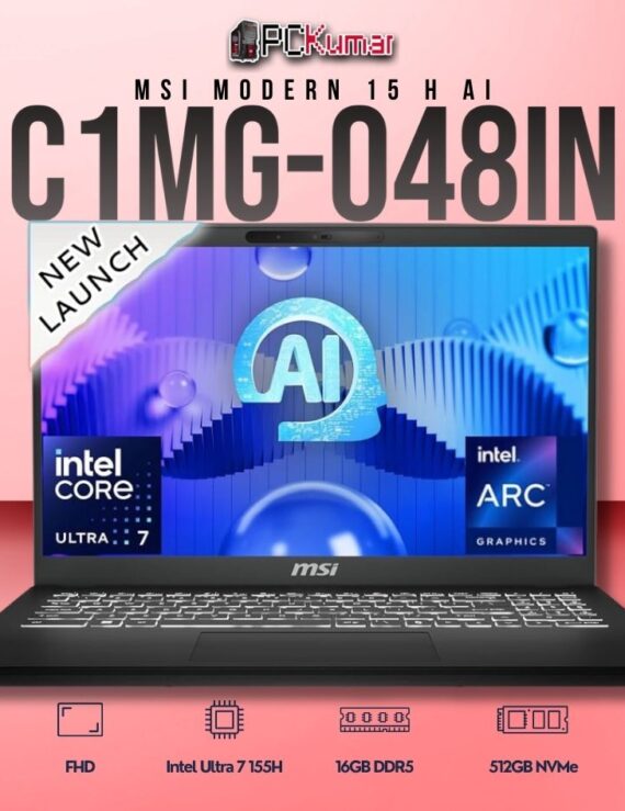 MSI Modern 15 C1MG-048IN laptop featuring Core 7 155H, UMA, 16GB RAM, 512GB storage, and a 15.6-inch FHD display.