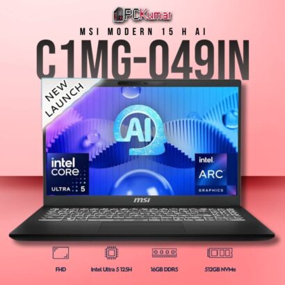 MSI Modern 15 C1MG-049IN laptop featuring Core 5 125H, UMA, 16GB RAM, 512GB storage, and a 15.6-inch FHD display.