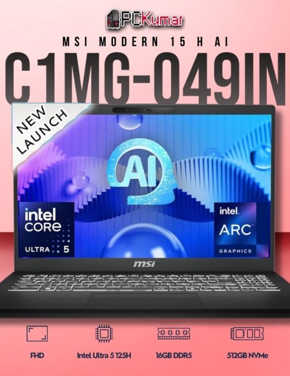 MSI Modern 15 C1MG-049IN laptop featuring Core 5 125H, UMA, 16GB RAM, 512GB storage, and a 15.6-inch FHD display.