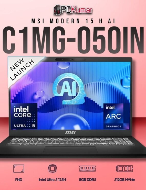 MSI Modern 15 C1MG-050IN laptop with Core 5 125H, UMA, 8GB RAM, 512GB storage, and a 15.6-inch FHD display.
