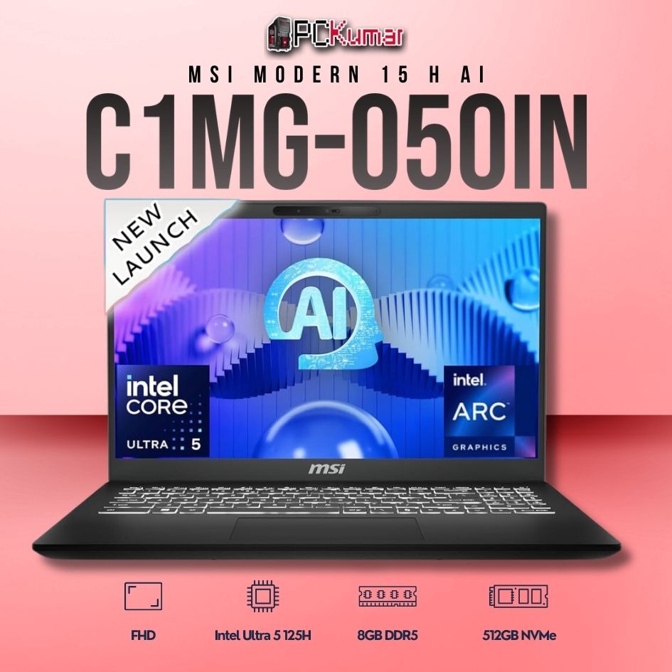 MSI Modern 15 C1MG-050IN laptop with Core 5 125H, UMA, 8GB RAM, 512GB storage, and a 15.6-inch FHD display.