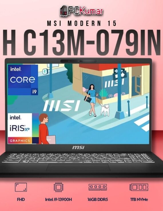 MSI Modern 15 C13M-079IN laptop with i9-13900H, UMA, 16GB RAM, 1TB storage, and a 15.6-inch FHD display.