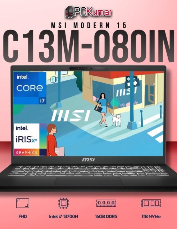 MSI Modern 15 C13M-080IN laptop with i7-13700H, UMA, 16GB RAM, 1TB storage, and a 15.6-inch FHD display.