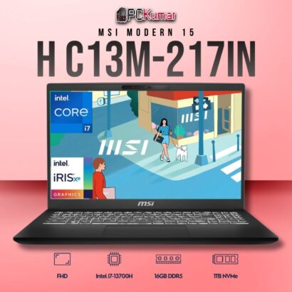 MSI Modern 15 C13M-217IN laptop featuring i7-13700H, UMA, 16GB RAM, 1TB storage, and a 15.6-inch FHD display.