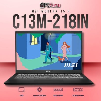 MSI Modern 15 C13M-218IN laptop featuring i5-13420H, UMA, 16GB RAM, 512GB storage, and a 15.6-inch FHD display.