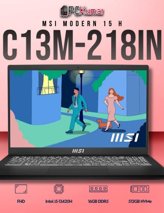 MSI Modern 15 C13M-218IN laptop featuring i5-13420H, UMA, 16GB RAM, 512GB storage, and a 15.6-inch FHD display.