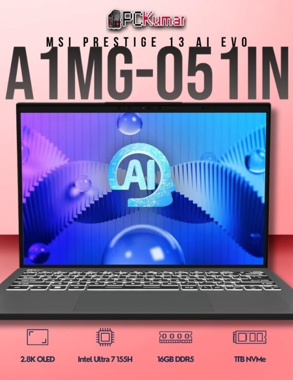 MSI Prestige 13 A1MG-051IN laptop featuring Core 7 155H, UMA, 16GB RAM, 1TB storage, and a 13.3-inch 2.8K OLED display.