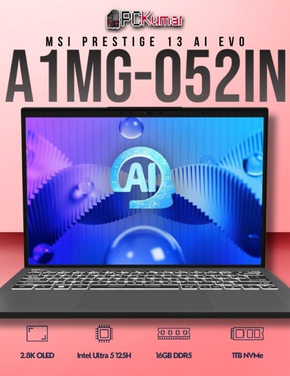 MSI Prestige 13 A1MG-052IN laptop featuring Core 5 125H, UMA, 16GB RAM, 1TB storage, and a 13.3-inch 2.8K OLED display.