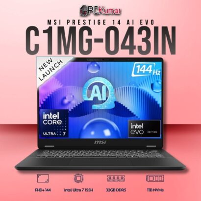 MSI Prestige 14 C1MG-043IN laptop featuring Core 7 155H, UMA, 16GB RAM, 1TB storage, and a 14-inch FHD+ 144Hz display.