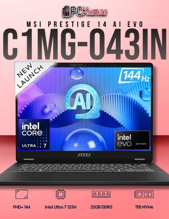 MSI Prestige 14 C1MG-043IN laptop featuring Core 7 155H, UMA, 16GB RAM, 1TB storage, and a 14-inch FHD+ 144Hz display.