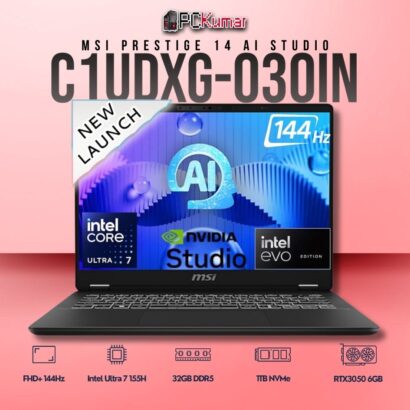MSI Prestige 14 C1UDXG-030IN laptop with Core 7 155H, RTX 3050, 16GB RAM, 1TB storage, and a 14-inch FHD+ 144Hz display.