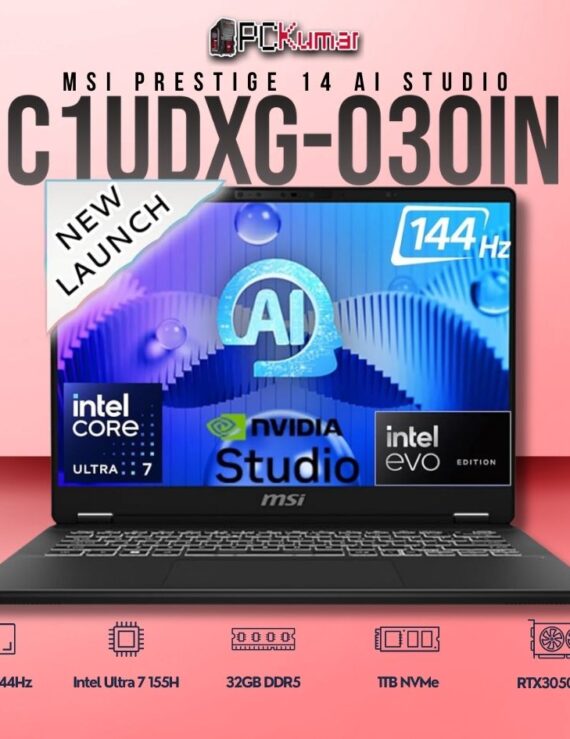 MSI Prestige 14 C1UDXG-030IN laptop with Core 7 155H, RTX 3050, 16GB RAM, 1TB storage, and a 14-inch FHD+ 144Hz display.
