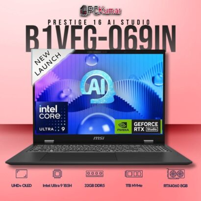 MSI Prestige 16 B1VFG-069IN laptop with Core 9 185H, RTX 4060, 32GB RAM, 1TB storage, and a 16-inch UHD+ OLED display.