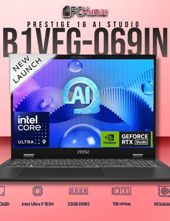 MSI Prestige 16 B1VFG-069IN laptop with Core 9 185H, RTX 4060, 32GB RAM, 1TB storage, and a 16-inch UHD+ OLED display.