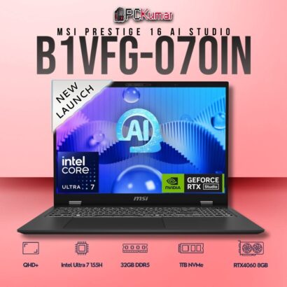 MSI Prestige 16 B1VFG-070IN laptop with Core 7 155H, RTX 4060, 32GB RAM, 1TB storage, and a 16-inch QHD+ display.