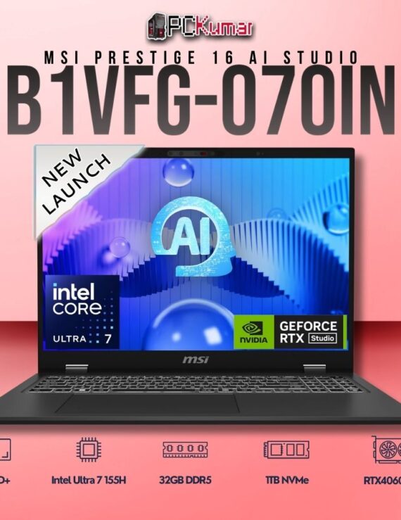 MSI Prestige 16 B1VFG-070IN laptop with Core 7 155H, RTX 4060, 32GB RAM, 1TB storage, and a 16-inch QHD+ display.