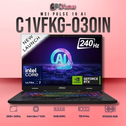 MSI Pulse 16 C1VFKG-030IN laptop with Core 7 155H, RTX 4060, 16GB RAM, 1TB storage, and a 16-inch QHD+ 240Hz display.