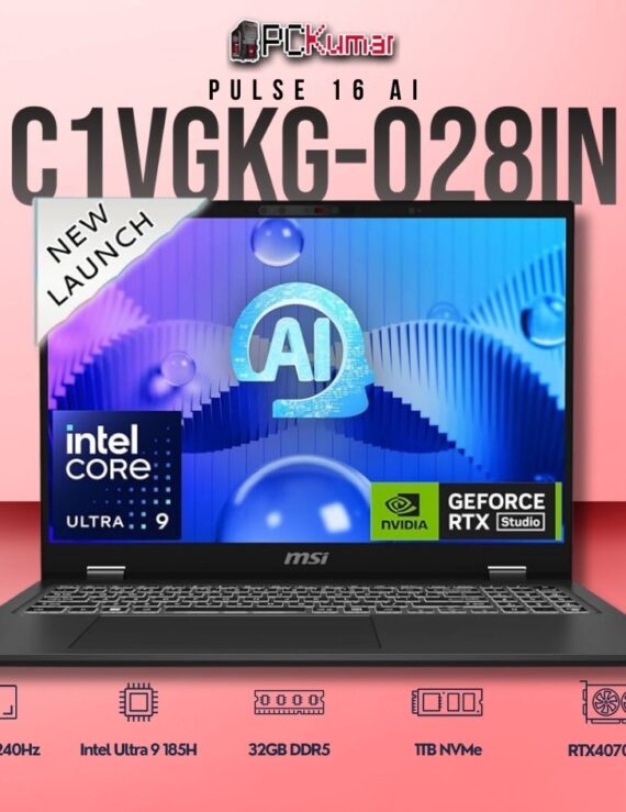 MSI Pulse 16 C1VGKG-028IN laptop featuring Core 9 185H, RTX 4070, 16GB RAM, 1TB storage, and a 16-inch QHD+ 240Hz display.