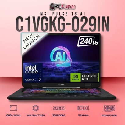MSI Pulse 16 C1VGKG-029IN laptop featuring Core 7 155H, RTX 4070, 16GB RAM, 1TB storage, and a 16-inch QHD+ 240Hz display