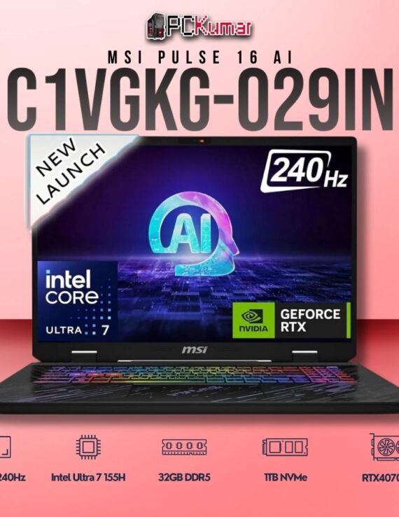 MSI Pulse 16 C1VGKG-029IN laptop featuring Core 7 155H, RTX 4070, 16GB RAM, 1TB storage, and a 16-inch QHD+ 240Hz display