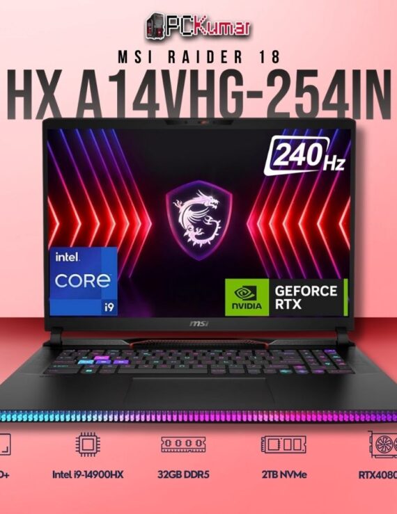 MSI Raider 18 A14VHG-254IN laptop with i9-14900HX, RTX 4080, 32GB RAM, 2TB storage, and an 18-inch UHD+ mini LED display.