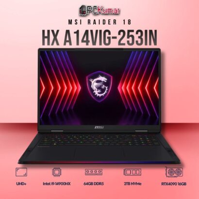MSI Raider 18 A14VIG-253IN laptop with i9-14900HX, RTX 4090, 64GB, 2TB, and an 18-inch UHD+ mini LED display.