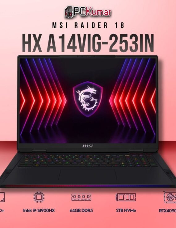 MSI Raider 18 A14VIG-253IN laptop with i9-14900HX, RTX 4090, 64GB, 2TB, and an 18-inch UHD+ mini LED display.