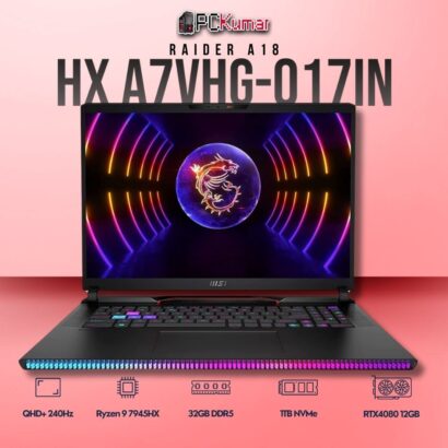 MSI Raider A18 HX A7VHG-017IN laptop with Ryzen 9 7945HX, RTX 4080, 32GB RAM, 1TB storage, and an 18-inch QHD+ 240Hz display.