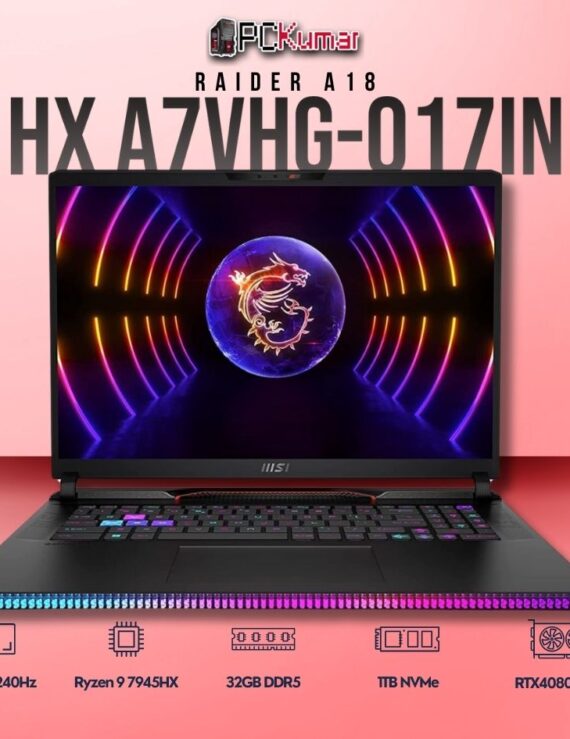 MSI Raider A18 HX A7VHG-017IN laptop with Ryzen 9 7945HX, RTX 4080, 32GB RAM, 1TB storage, and an 18-inch QHD+ 240Hz display.